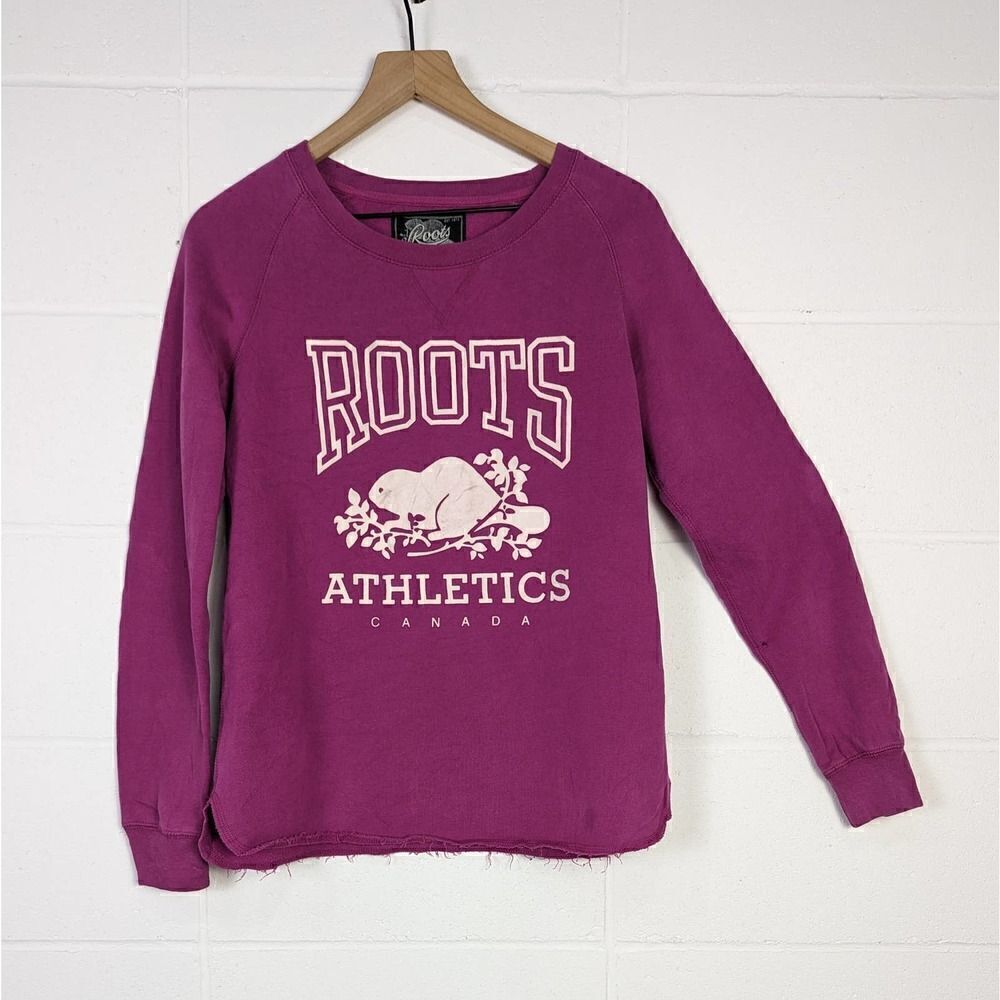 Roots Purple Sweatshirt Crew Neck Raw Hem Size Small